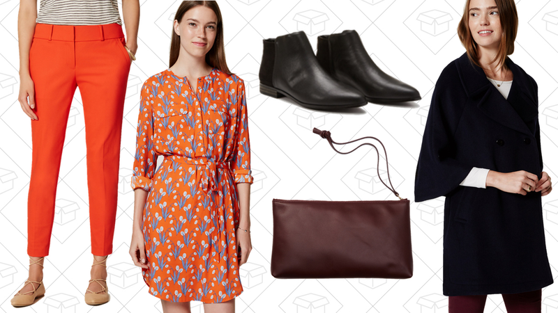 Essential Skinny Ankle Pants in Julie Fit, $42 | Tulip Shirtdress, $54 | Flat Zip Ankle Boots, $59 | Leather Pouch, $47 | Cape Coat, $89